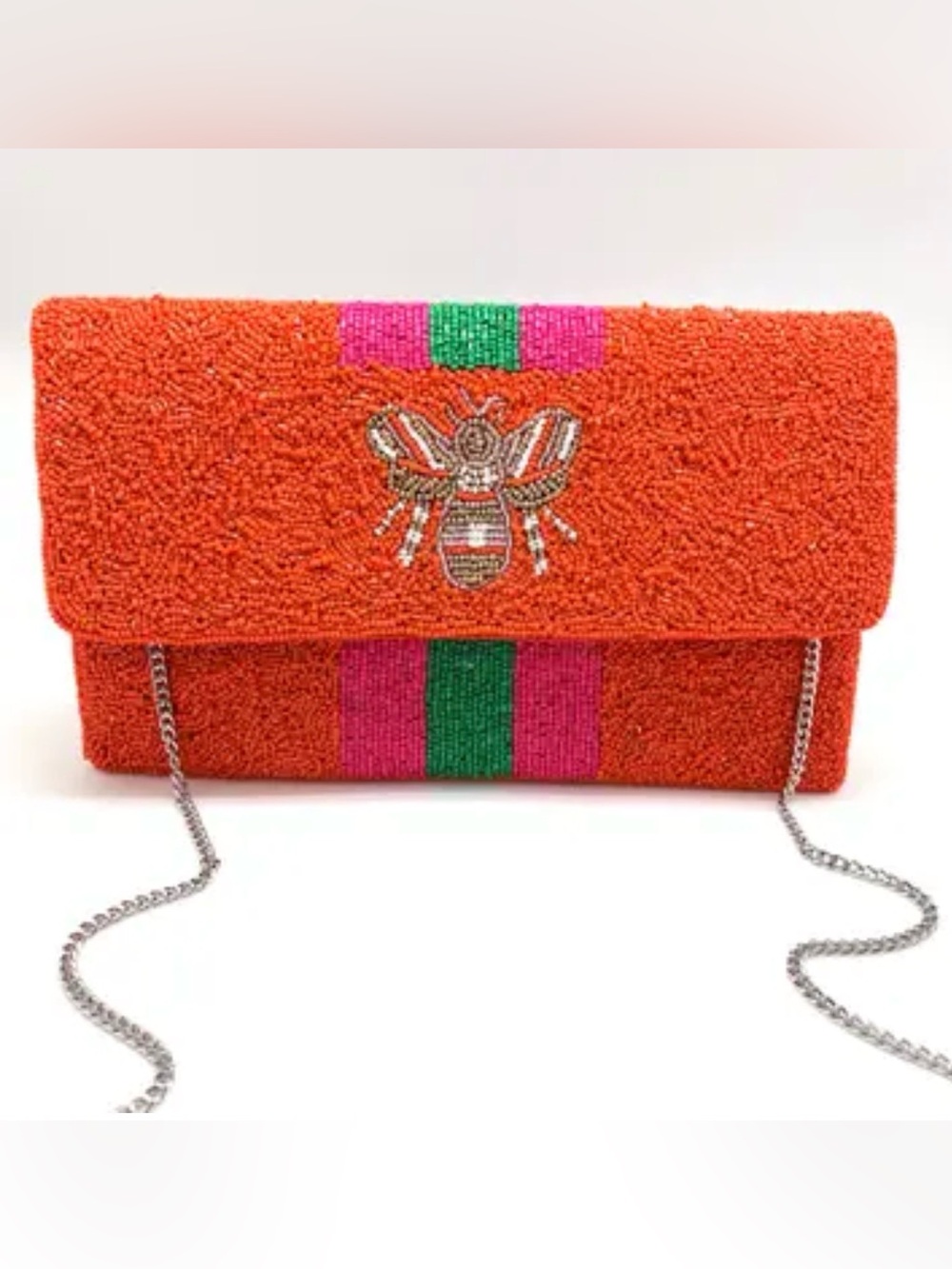 Onic Orange Beaded Crossbody Clutch with Pink and Green Stripe